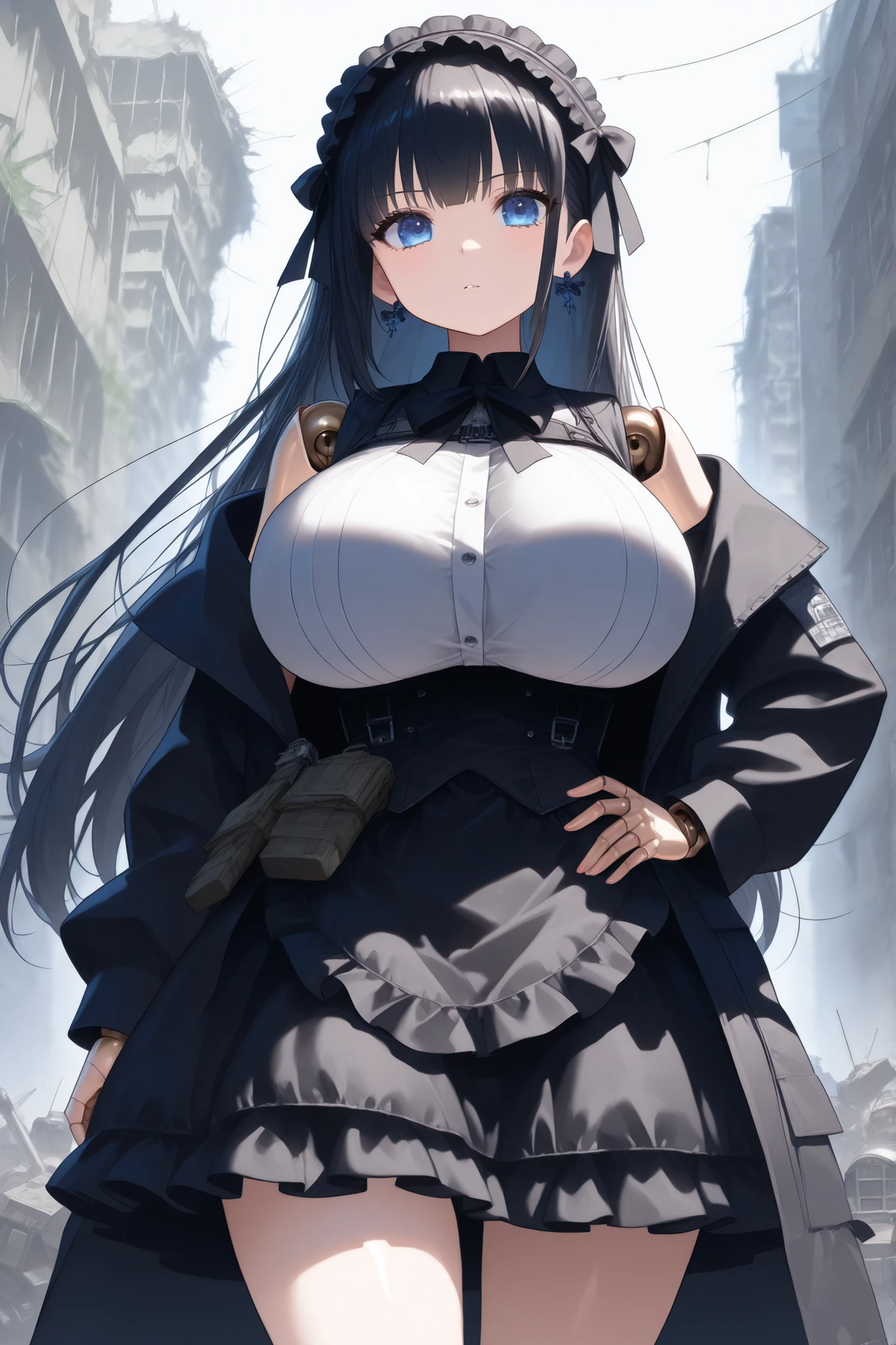 blue eyes、long black hair、 Gothic Lolita Dress 、classic apron、 black ruffle skirt、 Bulletproof Vest 、Chestplate、long jacket、( robot joints ) 、((extremely big breasts))、anime-style、HD、High Quality、abandoned city