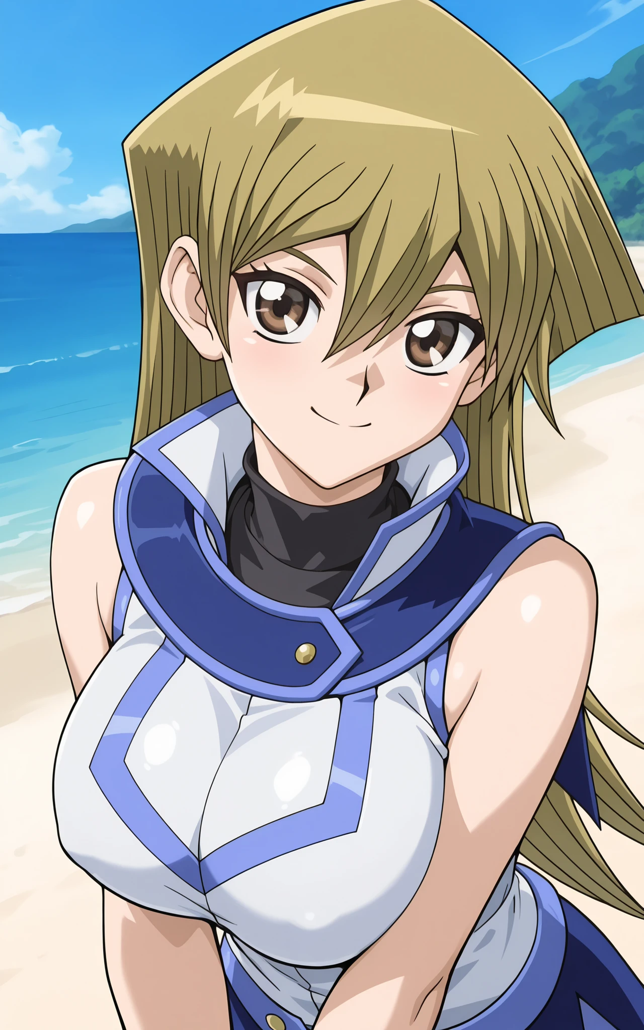 great quality,so beautiful,absair dress,top quality,newest,masterpiece,4k,resolution,anime screen capture,1 girl, golden hair, Long straight hair,hair between eyes,brown eyes in the oral vagina, cute anime eyes,Super huge breasts that are about to burst, smile, duel academy uniform (遊 ☆ 戯 ☆ 王!GX), sleeveless, turtleneck,blue skirt, fingerless, arm-crossed,Seaside,null,遊 ☆ 戯 ☆ 王! Duel Monsters GX,Takahashi Kazuki Style