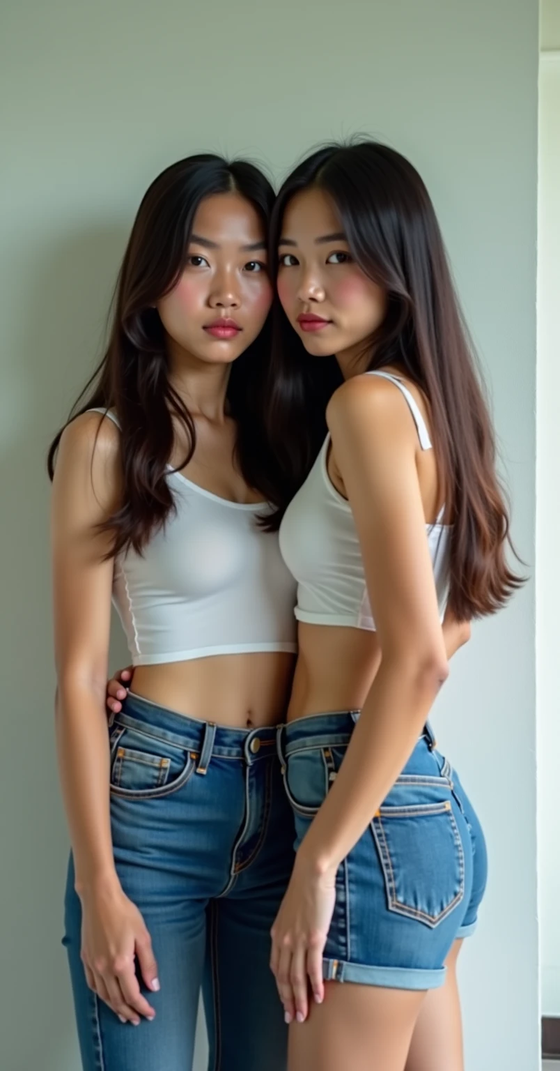 Two asian women frolicking in bed, teasing each other, flirting, 2 beauties frolicking intimately in bed, looking at each other: 1.2, relationship intimacy, posture sexy, intimate, wearing tight simple clothes, wet clothes: 1.5, sheer transparent: 1.5, bare breasts and 1.5, Alena and Lilia, two girls, lying on bed, sexy pose, intimate seductive pose, semi-nude, nude, realistic, realistic realistic, 16k HD, Masterpiece: 1.5, Focus: 1.8, Allard asian woman in crop top skinny long jeans and sheer short sleeves, (Background: 1.5 (Deluxe Villa, Large Double Bed: 1.2, Large Pool)), Cute Schoolgirl with Slim Figure, (Fashion High Ponytail Hairstyle: 1.5), Japanese 18 Year Old Girl Wearing Tight Long Jeans and Long Tight Jeans (Low Waist Crop Top with Microflared Shape, Pants: 1.5), (Tear: 0.6), (Brand Jeans: 1.5, Realistic Detailed Jeans Texture and Stripes: 0.8, Realistic Details Jeans Granularity: 0.8), Wearing Stylish Sheer Tight Short Sleeves, Sheer top (brand: 1.5, slim, realistic viewing angle: 1.5, transparent: 1.5, bare breasts and areola: 1.5), wearing stiletto heels (delicate stiletto heels crystal band sandals, high quality: 1.2), surreal schoolgirl, dressed as schoolgirl, surreal schoolgirl, realistic schoolgirl, schoolgirl pose, model pose, photograph full body ((full body: 1.8)), beautiful skin, glowing skin, slim beautiful thighs, perfect thighs, perfect calves, White tender toes, beautiful breasts: 1.5, beautiful breasts: 1.5, beautiful buttocks: 1.5, buttocks: 0.7, best quality, fair skin, real skin, (detail face), goose egg face, pores, super high resolution, (8k, RAW photo, realistic: 1.4), 1 girl, slim, (smile, teeth and tongue: 1.2, happiness: 1.2), (lip gloss, eyelashes, glossy face, best quality, super high resolution, wide lighting, natural shadows), sexy, Full body shooting: 1.8 --auto --s2