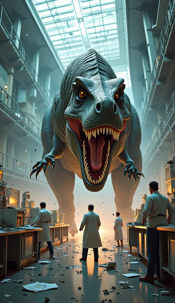 In a control room. One screen is a metallic wolf with large green and gray fangs and spots and fur sniffing around tied to an experiment stretcher and another screen is showing information data and DNA of the creature . And that this is a male scientist . And a male army commander looking at the screens standing.