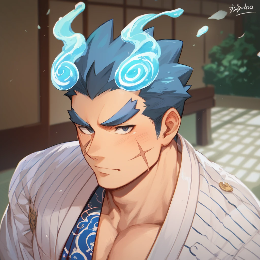 absurdres, highres, ultra detailed, HDR, master piece, best quality, extremely detailed, Grimmjow Jaegerjaquez, light-blue hair, expressive blue eyes, Bleach, solo, sexy man, handsome, white clothes, toned chest, magical, fantasy, glittering, sparkling, glass, blue flowers, blue petals, water, blue moon