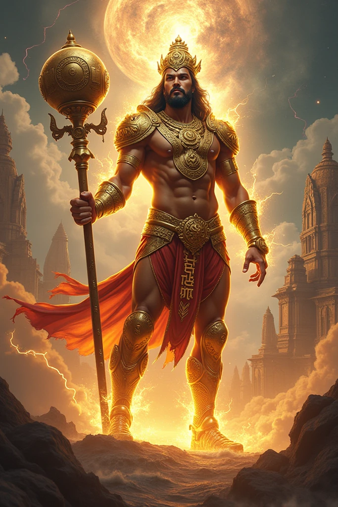 A warrior with long hair and muscular body and with stronger magician powers, strong aurat , flying , surrounded with powerfull light energy.