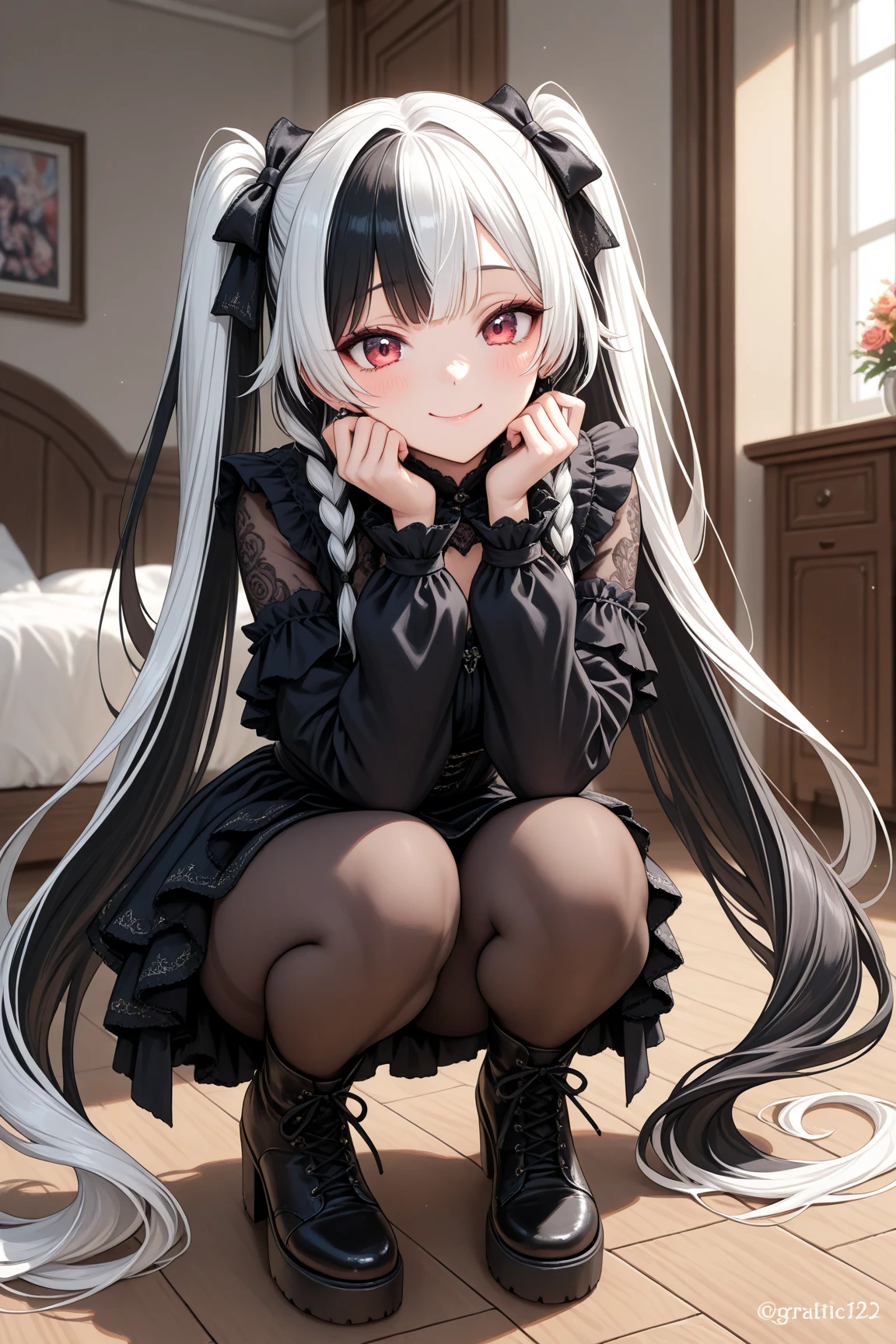 1girl, sitting at table, white hair, ((black dress)), ((hourglass figure)), (from above), grass, white table, under umbrella, black eyes, evil smile, (white eyelashes), sexy, heels, ((long dress)), ((spread her legs)), ((naked pussy)), (pussy)