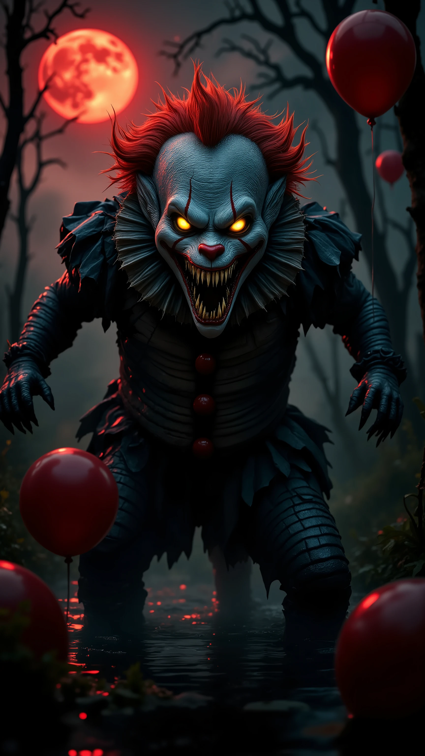 The atmosphere is dense with tension like Pennywise's iconic and sinister figure, The Clown of "ela", is at the forefront of a void of darkness. His pale ghostly face, It contrasted with the blood-red lines tracing from his eyes to his lips, he squirms into a menacing smile. He cradles the fragile planet Earth in one hand, The continents and oceans have obsidian as their backdrop, portraying our world as nothing more than a play,  In the heart of an enveloping darkness, two gargantuan hands emerge, their ancient and weathered skin illuminated only by the faintest glow. Each finger, seemingly endless in its reach, gracefully maneuvers an intricate web of shimmering, ethereal strings. These strings cascade downwards, their ends obscured in the shadow below, leaving their true intent a mystery. The scene evokes a profound sense of unseen influence, of hands that deftly pull the strings of destiny and change. Drops of a mysterious luminescent substance drip from the strings, creating small ripples in the void, symbolizing the repercussions of every tug and pull. Photography, Nikon D850 with a 50mm prime lens, capturing the intricate detailing of the hands and the surreal glow of the strings, deep shadows to emphasize the vastness, --ar 16:9 --v 5.