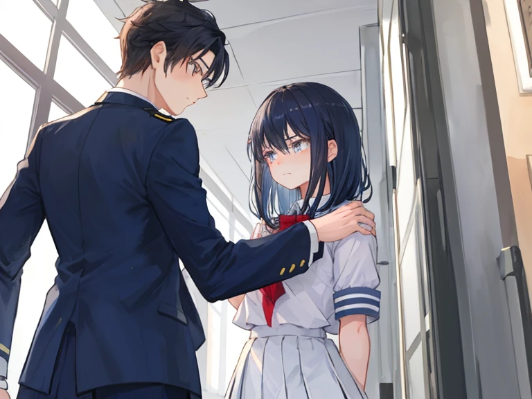 One Woman、One Man、beautiful girl、after school、evening、high school girl、School Nameplate、Blazer uniform、Pleated skirt、Black knee-high socks、Long Hair、In front of the school gate、Highest quality, Thick thighs、Big 、White panties、Black Hair、Pounding face、A crowd going home from school、In front of the school gateで待つ仕草、A handsome man walks in from the back.、Lean your back against the wall、Holding his chest with both hands、Handsome guy puts his hand on girl's shoulder