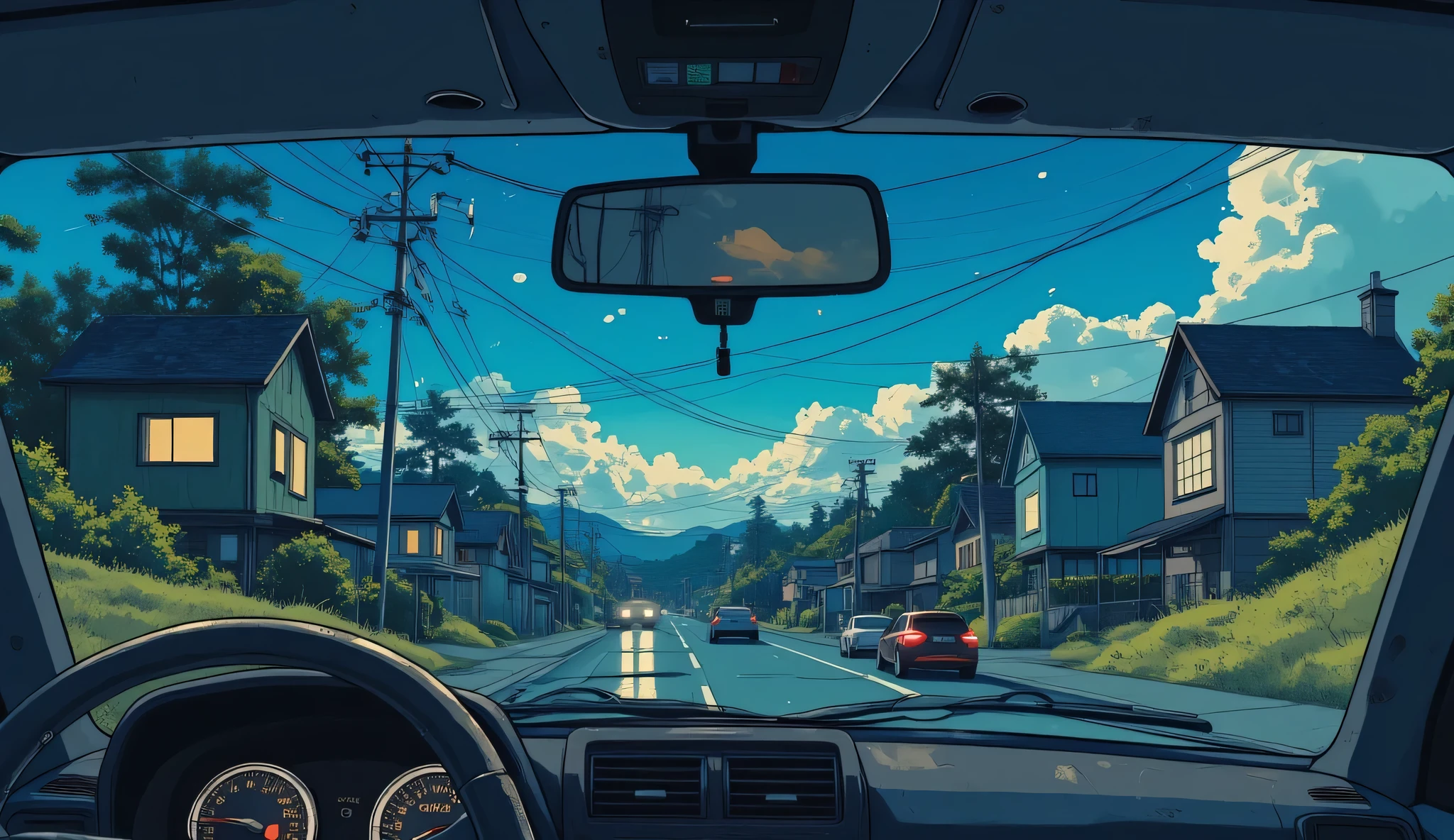 Oil and acrylic painting on canvas, the camera is inside a car as the driver pov scene. at night on a high way. The scene is rendered in a Ghibli-inspired style, featuring a hood houses in the background. The artwork uses soft colors and hand-painted textures to create a serene atmosphere that harmonizes with nature. It captures the anime aesthetic, blending “lo-fi art” and summer vibes with high detail and ultra-high resolution for a beautiful animation-style wallpaper.