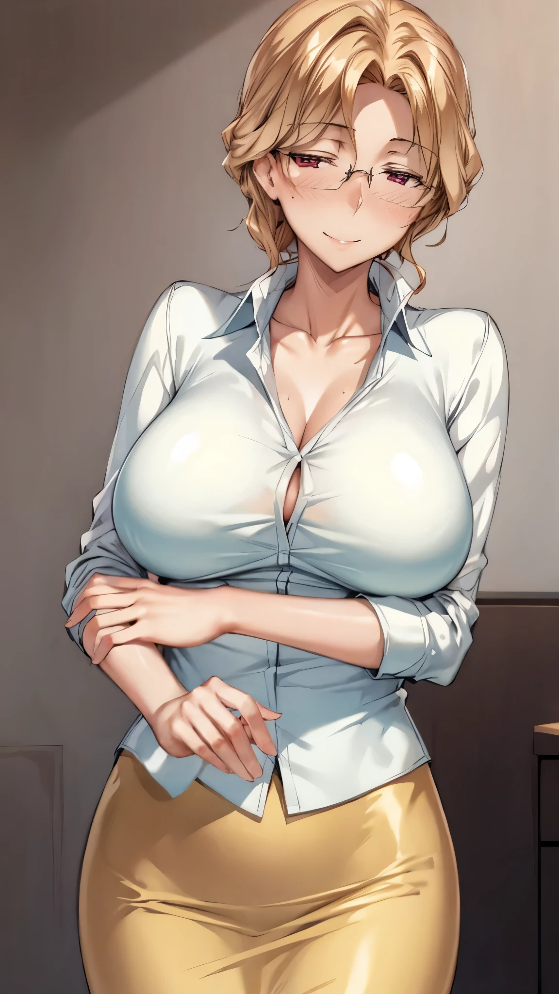 masterpiece:1.2, best quality:1.2, beautiful, high quality, highres:1.1, aesthetic), detailed, extremely detailed, ambient soft lighting, 4K, perfect lighting, perfect face, perfect eyes, chubby girl, 1boy, 1girl, breasts, hetero, huge breasts, red lip, looking at viewer, nipples, paizuri, penis, pov, puckered lips, blonde hair, shirt, short hair, solo focus, uncensored, white background, blazers , maxine, paizuri_keyword, mature woman, milf