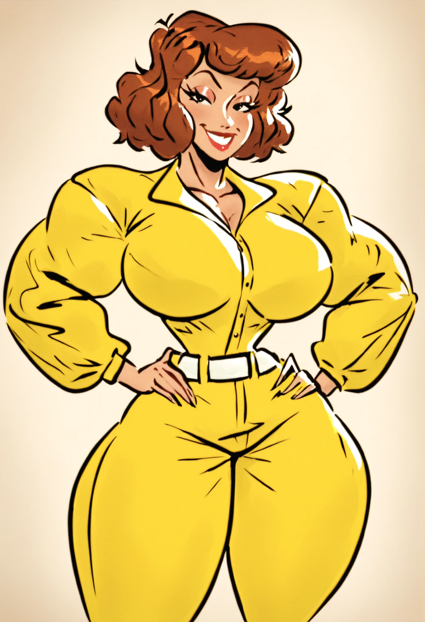 , April o'neil , yellow jumpsuit, white belt, 1 girl, One, upper body, retro buildings_art,
,detailed face, (cowboy shot), (source_cartoon, source_anime), detailed eyes, masterpiece,
seductive,nsfw,lewd,sensual, large breasts, hips, , thighs, adult,
woman,1girl, , smirk, flirty eyes, muscle girl, muscle body, huge muscles, massive muscles, huge biceps, massive biceps, oversized biceps, gigantic biceps, hyper biceps, abs, thigh muscles score_9, score_8_up, score_7_up, score_6_up, toontdcxl, traditional media, retro pin-up, 1girl, wide hips,