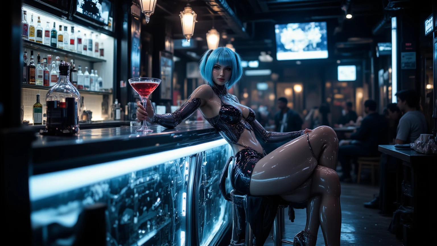best quality,4k,8k,(masterpiece:1.2),ultra-detailed,realistic,photo-realistic:1.4, attention to detail, 8K, ultra detailed body, Ciri, braid, cyan colour hair, side cut silk dress, open toe high heels, at the club, fit body, sexy pose, seductive doing blowjob