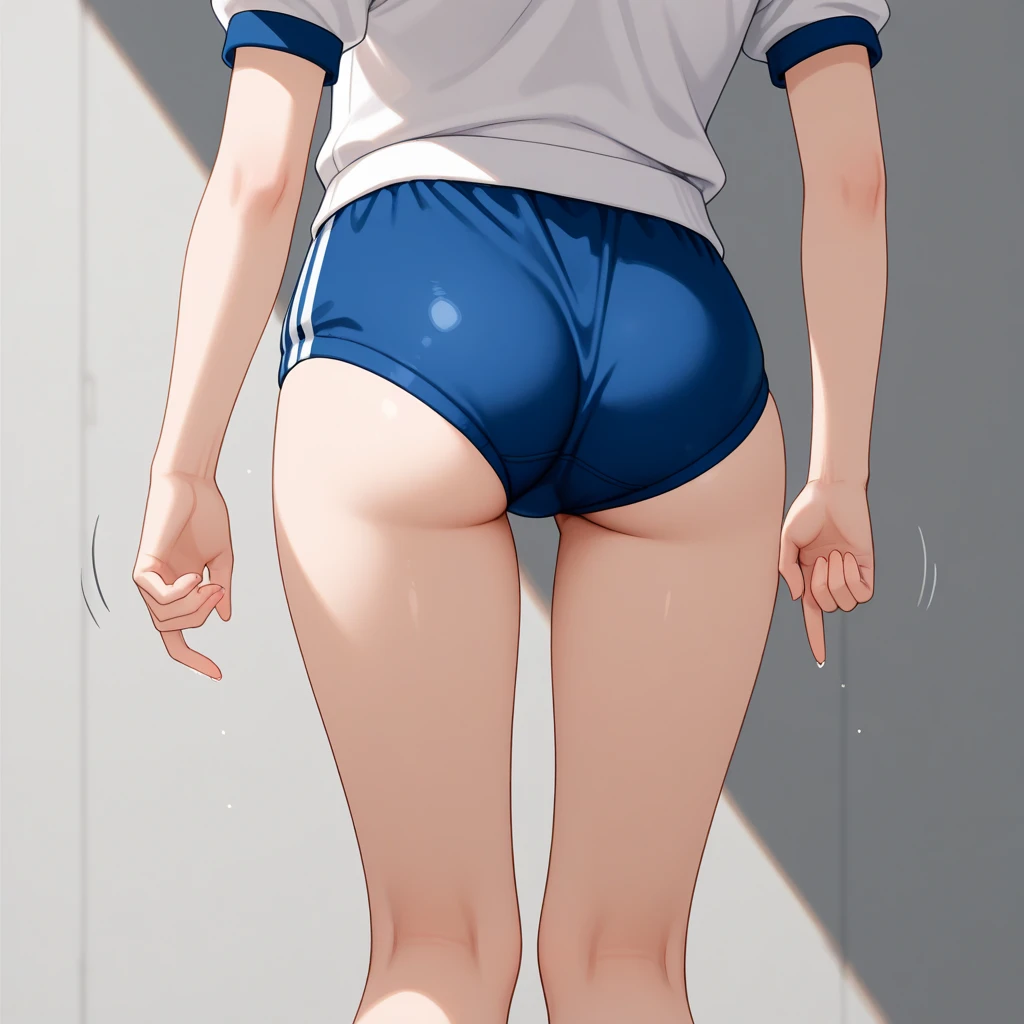 Asian tanned runner woman on all fours, exposing butt, running shorts, panties pulled aside, sneakers, wet