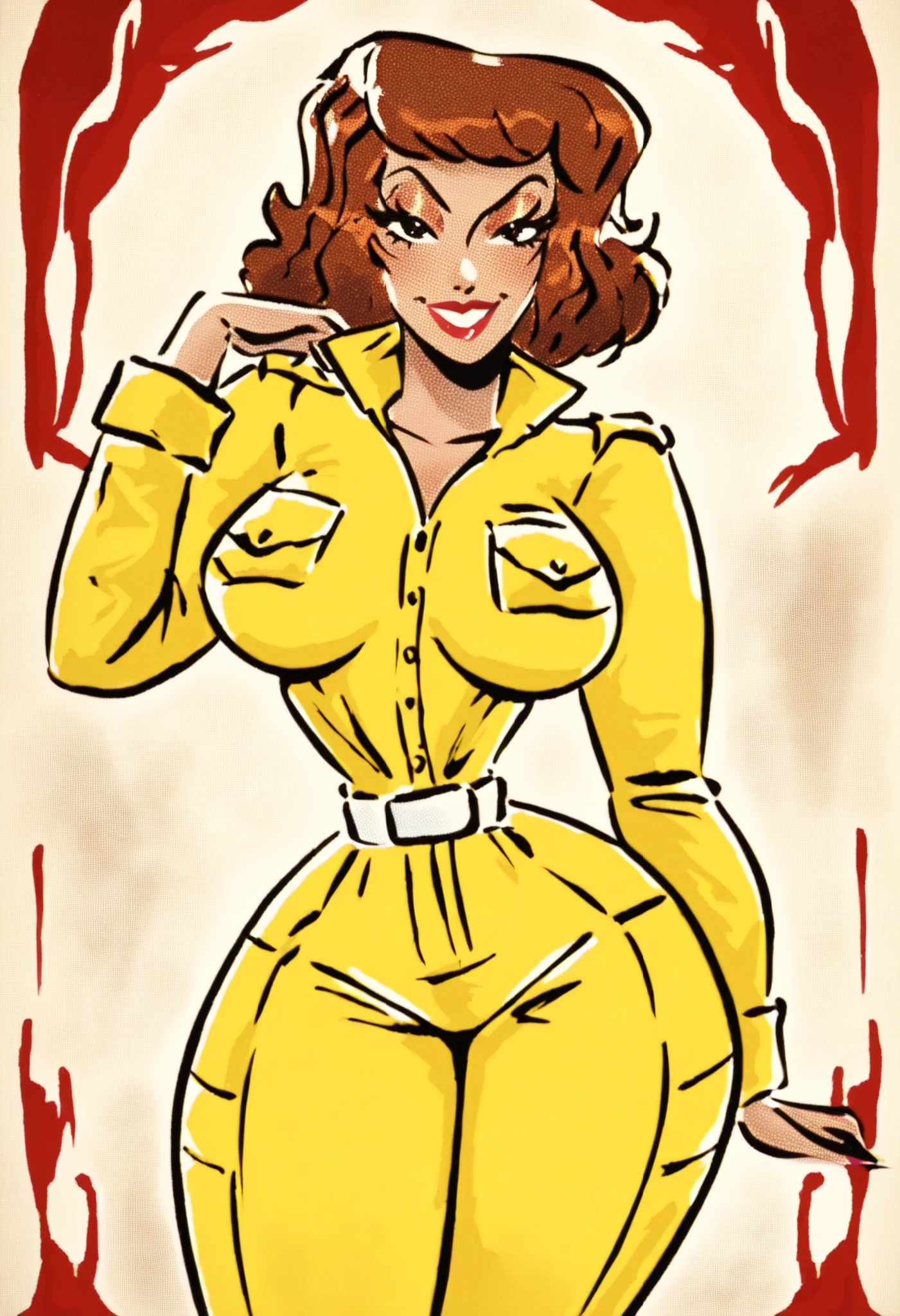 , April o'neil , yellow jumpsuit, white belt, 1 girl, One, upper body, retro buildings_art,
,detailed face, (cowboy shot), (source_cartoon, source_anime), detailed eyes, masterpiece,
seductive,nsfw,lewd,sensual, large breasts, hips, , thighs, adult,
woman,1girl, , smirk, flirty eyes, score_9, score_8_up, score_7_up, score_6_up, toontdcxl, traditional media, retro pin-up, 1girl, wide hips,