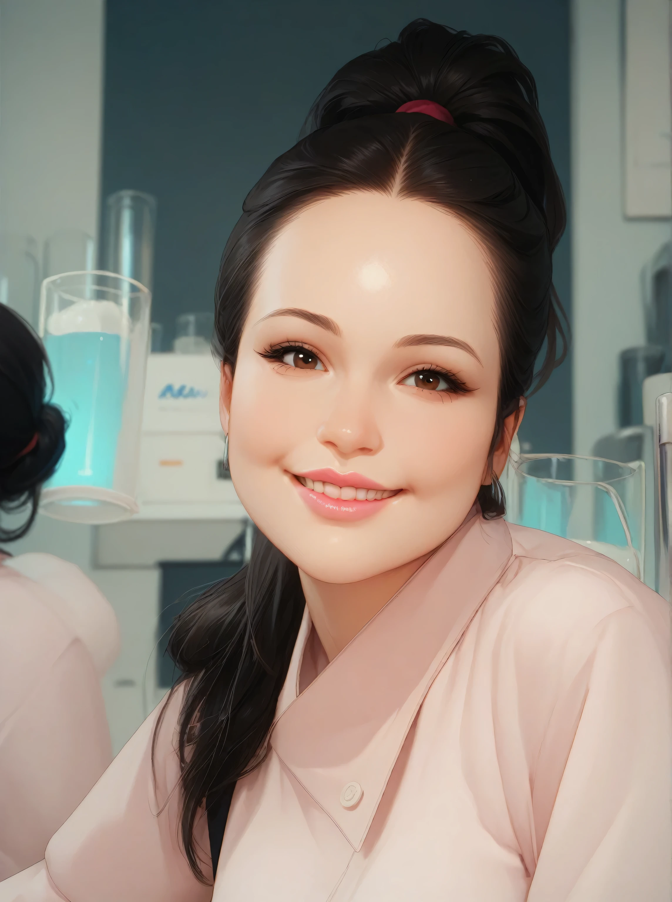 black hair, ponytail, (forehead), black thin eyebrows, dark brown eyes, black eyelashes, black eyeliners, nose, normal lips, pink lips, big smile, laboratory clothing, medium breasts, beautiful
