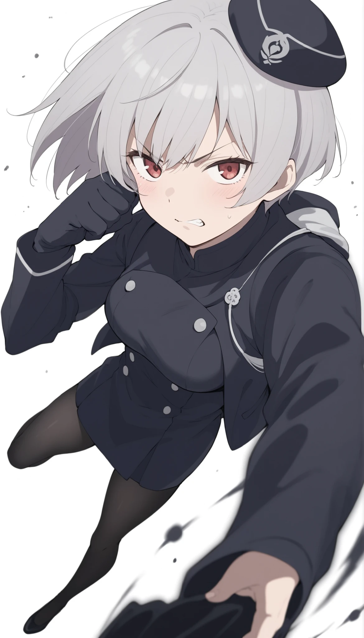 score_9, score_8_up, score_7_up, ((masterpiece)), (best quality), 1girl, solo, 简单背景, 魅惑, delicate face, 战斗姿势, 冲拳, full body, silver short hair, long sideburn, angry face, 鄙夷的眼光, 黑色絲襪, 损坏的黑色警服, medium breasts, style: midjourney, white background, 两点透视, 冲击力的画面,动态模糊,景深, closeup, blur