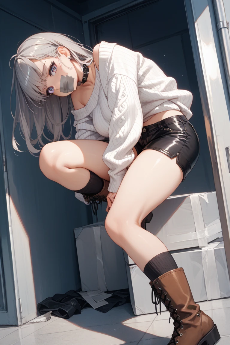 Naked Women,One-sided ponytail,Silver Hair,There is a mole under the left eye,alone,Big Breasts,,Inside the room,Masturbation,The shape of the female genitalia is clearly visible.,(Open the anus to expel stool :1.5),Please put your hands on your buttocks,detailed ,Your body is wet,Sweat,,Desire for dissatisfaction, White Stockings,Big poop coming out of the anus、Steam is coming out from between the thighs,Are standing、Spread your legs、