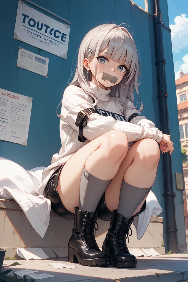 (sitting on the floor,leaning back:1.4), (against the wall,peeling wall:1.3), ((slouching,spread legs)), (urine puddle:1.3), (arms down:1.3), (dead girl:1.2), 

BREAK 
(ultra detailed,highres,absurdres,absolutely resolution:1.3), 

(prison cell,stone construction,cracks:1.4), (indoors,abandoned building,urbex:1.3), ((dark theme)), 

1girl, solo, clothes reflecting light, cinematic lighting, BREAK 

(((lace panties,white panties,lace-trimmed,frills))), wearing panties, BREAK 

(((peeing self))), (dripping urine:1.4), 
A lot of urine is overflowing from her crotch, 
((wet panties,urine_stain))
(urine:1.3), ((peeing)), BREAK 

(Altina Orion,white hair,very long hair,sidelocks,black hat,tress ribbon,hair ornament:1.3), BREAK 
Altina Orion, (white skirt,blue shirt:1.3), uniform, pleated skirt, BREAK 
(torn pantyhose,wearing white long boots:1.3), black pantyhose, lace-up boots, 