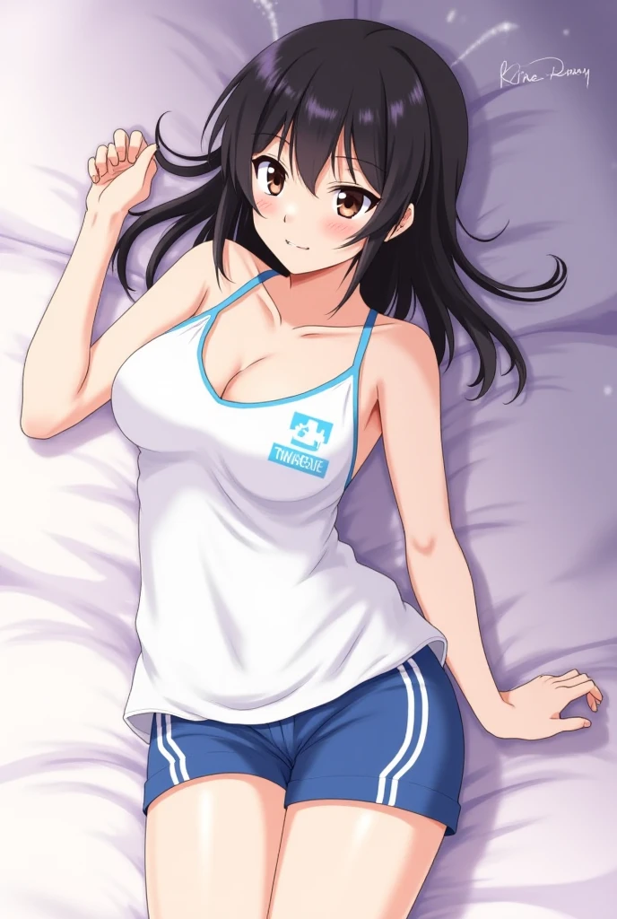 (high quality, 8k, 4K, High Contrast, masterpiece:1.2, 最high quality, Best aesthetics), , Very detailed, Seductive and erotic girl, false smile, Forced smile，Shadowy Face，blush，Cuckold，Open underwear，Embarrassed，(Normal milk, Silver fur), Focus on the face, Small face，Complex eyes,, laced , Hotel Bed, Lying on your back on the bed, Viewers looking up, Black Hair，School Swimsuit，Show your side