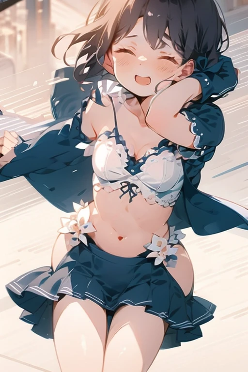 masterpiece, nahidadef, , standing, shiny skin, navel, (panty pulling), smile, looking at viewer, tree, (from below:1.2), cinematic lighting,