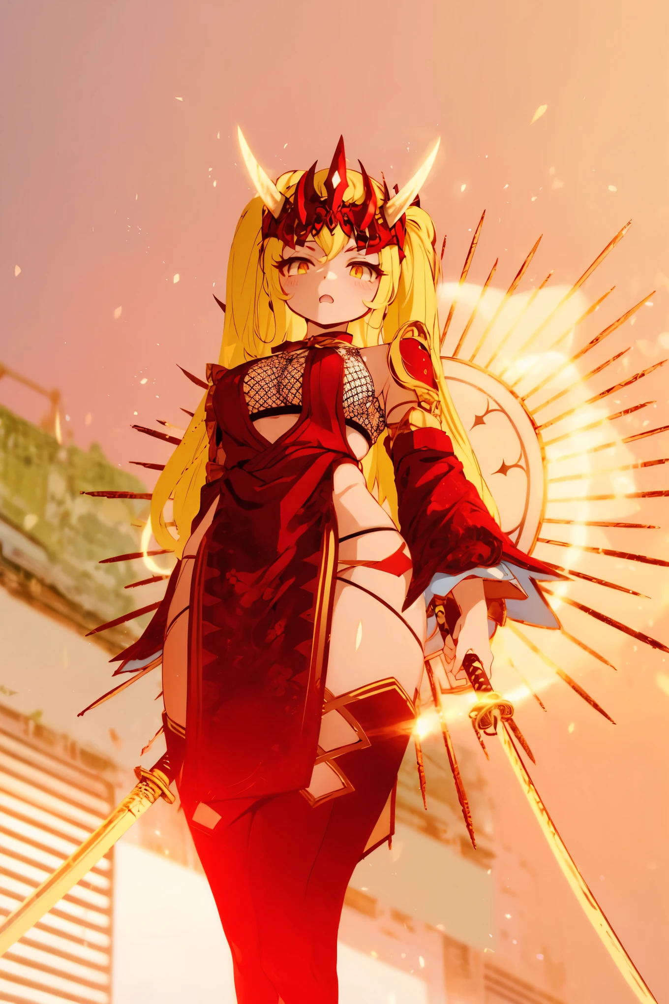 Red Samurai Girl,Glowing horns,橙色Glowing horns,Twilight,natural light,Thunder Drum Wheel, Japanese style,Japanese Robe,holding a katana,dismissive eyes,blonde double ponytail,Red Crown,Red forehead,Perforated Forehead,tight socks,Over the knee socks,Stockings,Oily,Latex texture,thick line strokes,Ancient comic style,Stand with your legs together, Legs together and standing