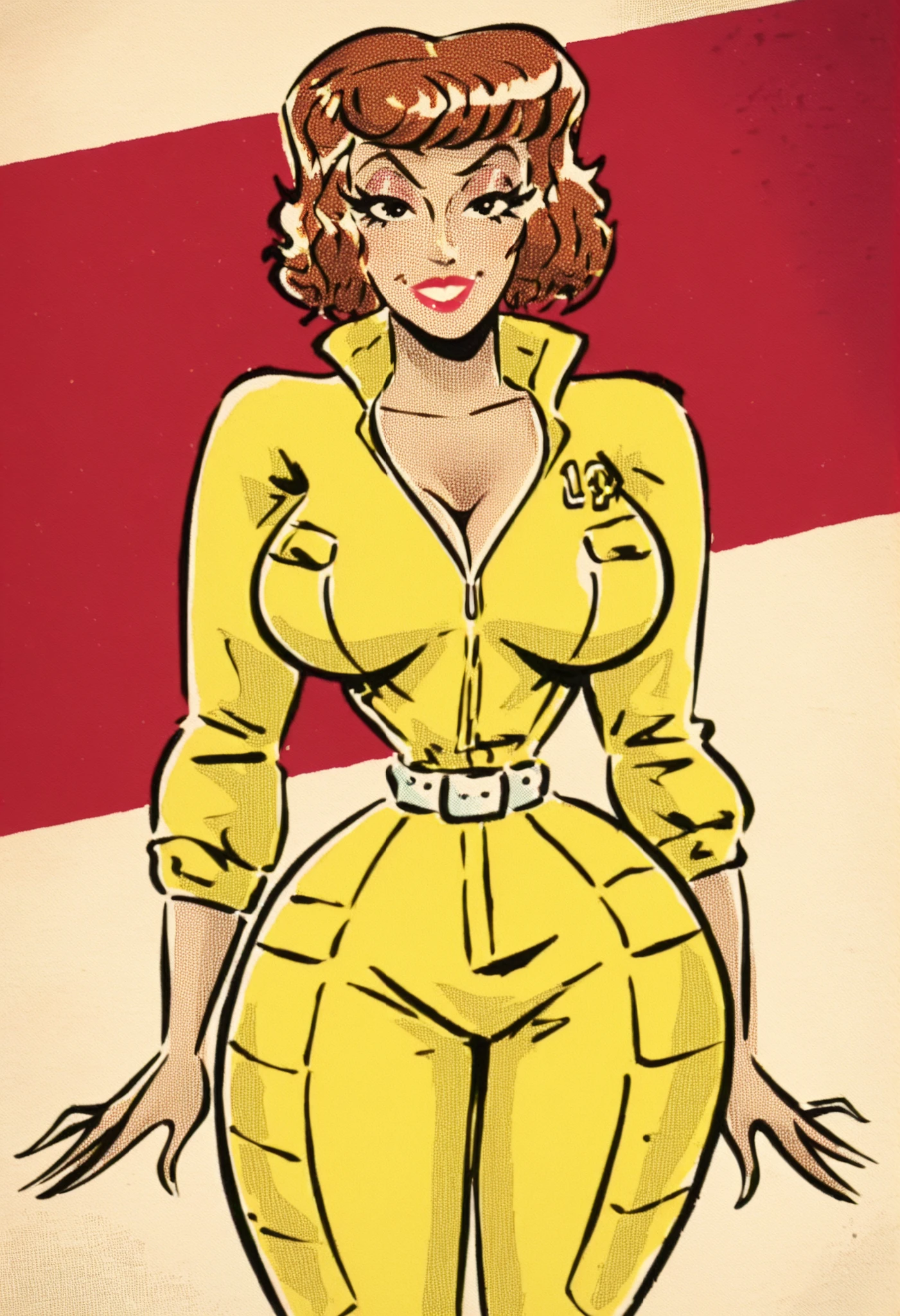 , April o'neil ,  yellow jumpsuit, white belt, 1 girl, One,  upper body, retro buildings_art, 
,detailed face, (cowboy shot), (source_cartoon, source_anime), detailed eyes, masterpiece,    
seductive,nsfw,lewd,sensual,  large breasts, hips, , thighs,  adult, 
woman,1girl, ,  smirk, flirty eyes,   score_9, score_8_up, score_7_up, score_6_up, toontdcxl, traditional media,  retro pin-up, 1girl, wide hips, 
 