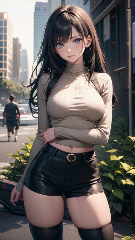 masterpiece, best quality, absurdres, perfect anatomy, 1girl, solo, shrug \(clothing\), long sleeves, pants, standing, city, outdoors, cowboy shot, smile, brown hair, medium length, green eyes, sexy face, big boobs, crop top, bare shoulder, erotic look, sexy face, shorts, under breasts visible, big ass, thin waist, thicc