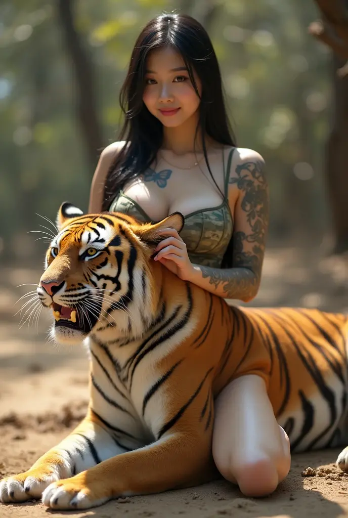 masterpiece, best quality, 1girl, <lora:kwFemale_Beta40-SDXL_v1:1>, white, chinese tiger, jungle, grass, cleavage, stomach tattoo, nipple piercing, waifu