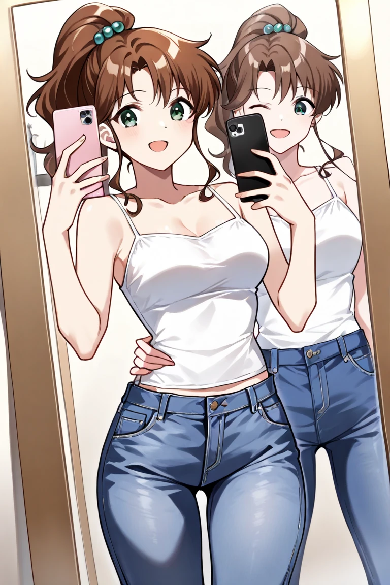 Arafed woman with matching tank top and panties, sexy girl with brown eyes, Portrait of Sophie Mudd, brown hair and big eyes, selfie of a young woman, Bedroom eyes, violet myers, without makeup, natural makeup, looking directly at the camera, Face with Artgram, Subtle Makeup, Stunning full body photo, in bedroom, cleavage, sexy