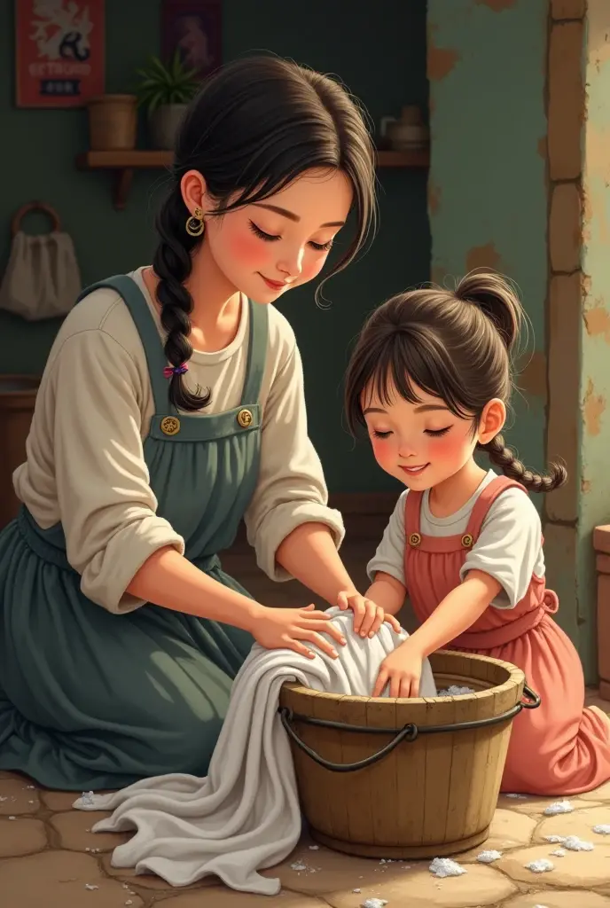 Mother and daughter washing dress using bucket
