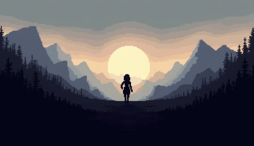"Dark pixel art of a character walking toward a soft, emerging sunrise on the horizon, with the sky rendered in gentle, pale hues against an overall dark background, embodying hope and renewal."