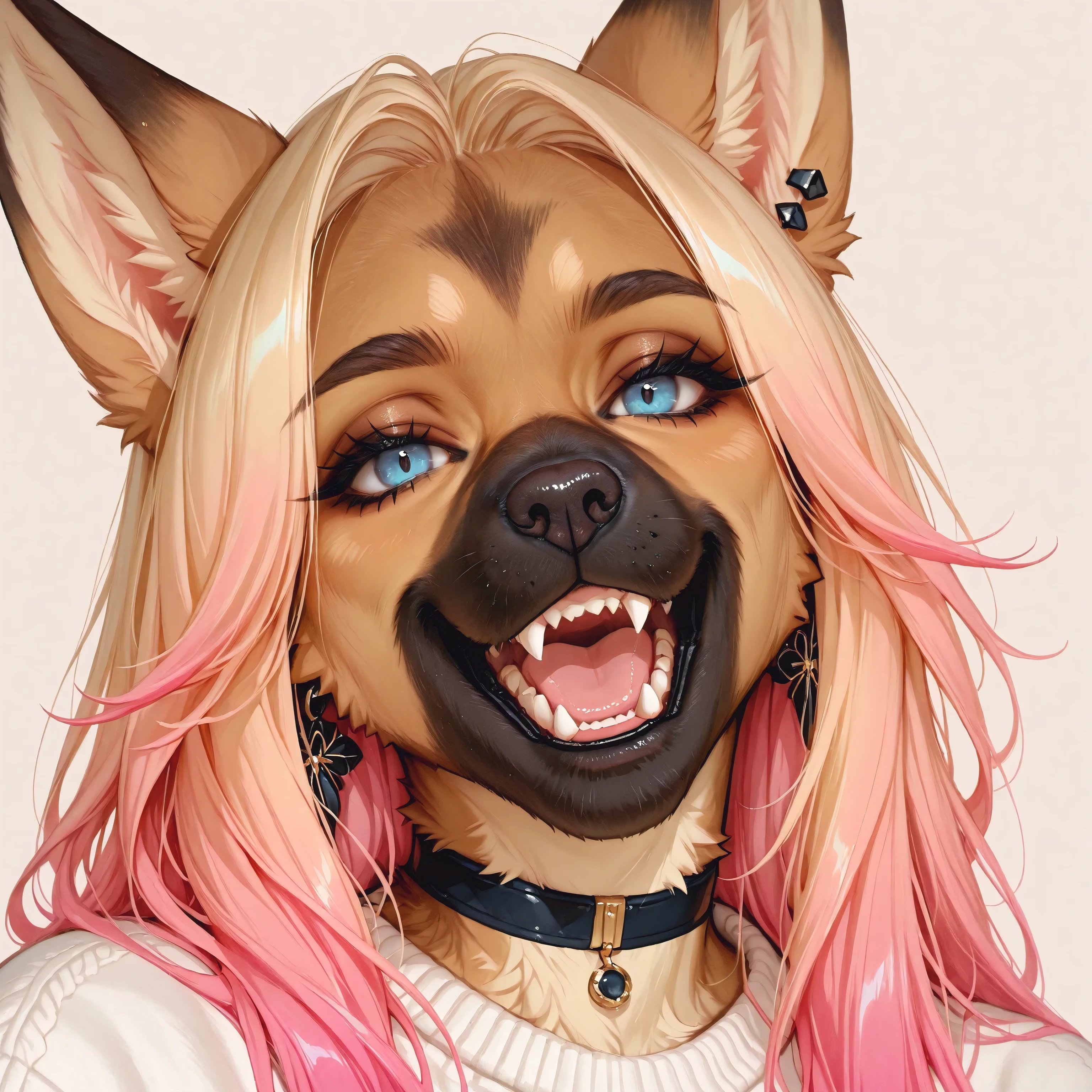 anthro german shepherd, 1girl, animal ears, solo, blue eyes, multicolored hair, pink hair, furry, teeth, furry female, jewelry, blonde hair, looking at viewer, long hair, open mouth, earrings, choker, fangs, gradient hair, sweater, portrait, simple background, two-tone hair, white sweater, face detail emphasis, dog ears