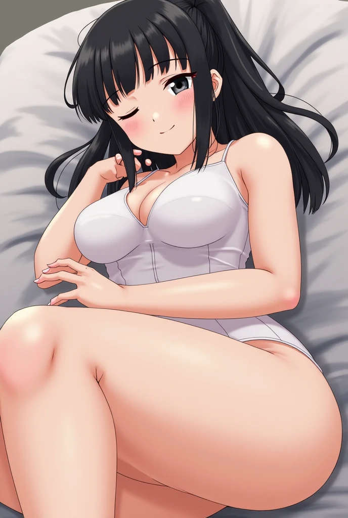 Stunning Chitanda, There is only one beautiful girl，purple eyes, black hair, single ponytail, straight bangs，extremely refined，adult face，lips open，flowing long hair，Peerless beautiful girl, dreamlike，Slim，soft, (Sensual), (kawaii), Dream quality，Wearing only bandages，bed，raise your legs，strong sunlight，summer，extremely shy，Hands are not exposed，no pants，There are no shoulder straps，camel toe，no underwear，side breasts，showing areola，Bare thighs，bare shoulders，Clavicle exposed，bare neck，groin，barefoot，bare breasts，ultra high resolution, (masterpiece:1.2, best quality), (Exquisite and beautiful eyes: 1.2), (Beautiful and delicate face)