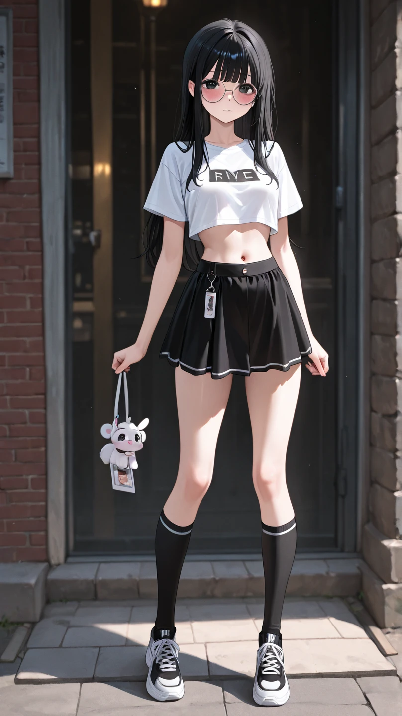 Very cute face、smile、13歳girl、Fluffy long hair、Beautiful legs、Beautiful body、Thin legs、White skin、Black T-shirt、Black mini skirt、白いパンティ少し見えている、sea