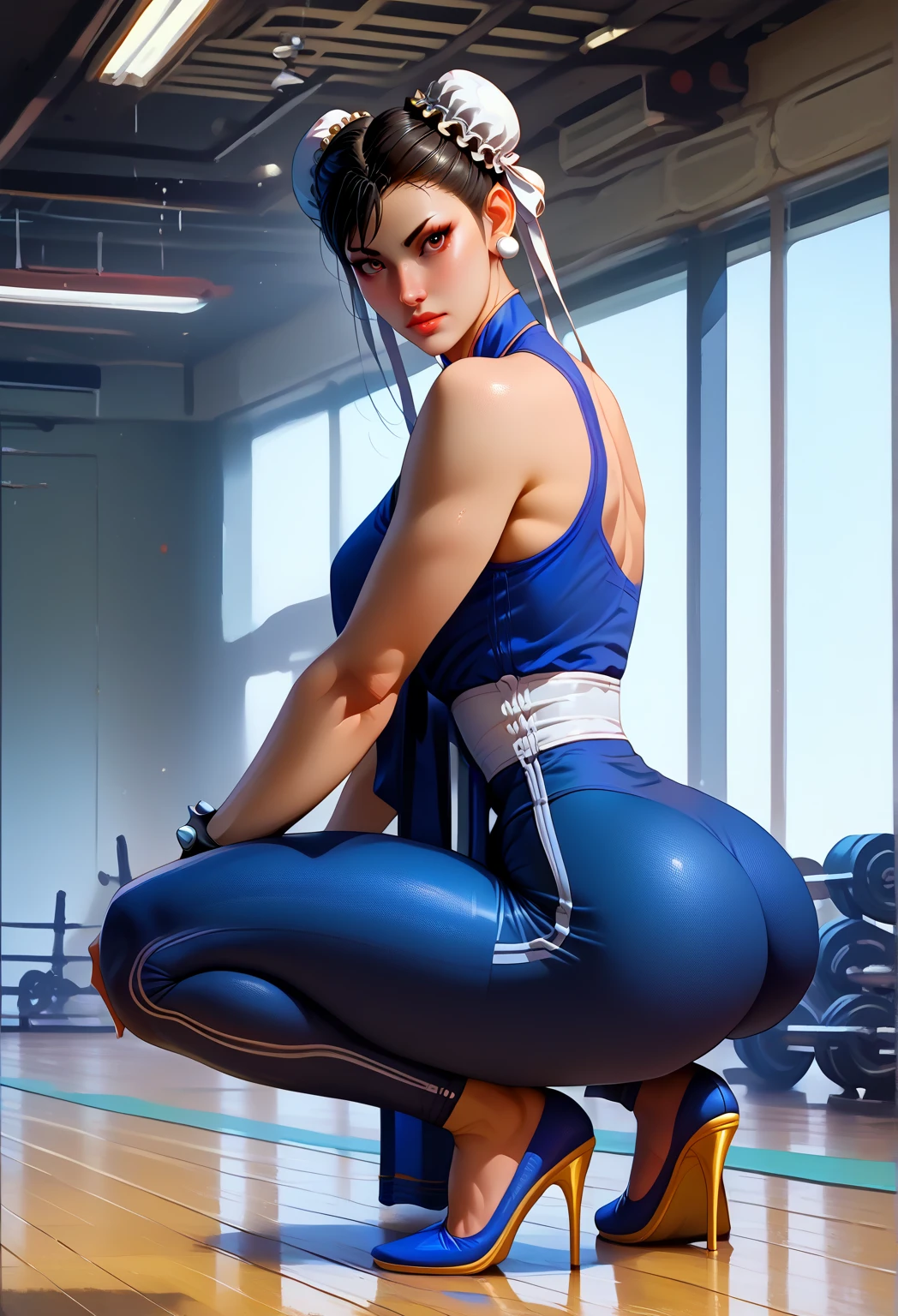 ((Big, Tomboy, Small Head)), (Perfect Body: 1.1), (Short Wavy Hair: 1.2), Reddish Brown, Collar, Chain, Full Body Shot, Crowded City, Black Tank Top, Jeans Jacket, (Shorts), (Very Elaborate CG 8K Wallpaper), (Very Delicate and Beautiful), (Masterpiece), (Best Quality): 1.0), (Ultra High Definition: 1.0), Beautiful Lighting, Perfect Lightning, Realistic Shadows, [High Resolution], Detailed Skin, Super Detailed ((Colorful)), ((Butt angle, all fours)) Asuka Kazama, Ass, Buttocks, Large Open Legs