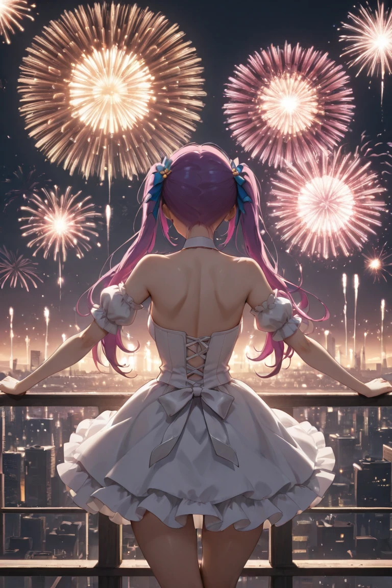 portrait,landscape,painting,illustration,yae miko, sleeves separated, strapless, (sideboob:1.45), pink hair, long hair, Japanese clothing,festive atmosphere,(grand fireworks display in the night sky),sparkling fireworks,mesmerizing colors,romantic ambiance,futuristic skyscrapers,tall buildings,reaching towards the sky,glowing neon lights,amazing architectural design,twinkling stars,celebration of the new year,overwhelming sense of excitement,magical moment,inspiring and artistic composition. best quality,4k,8k,highres,masterpiece:1.2,ultra-detailed,realistic:1.37,