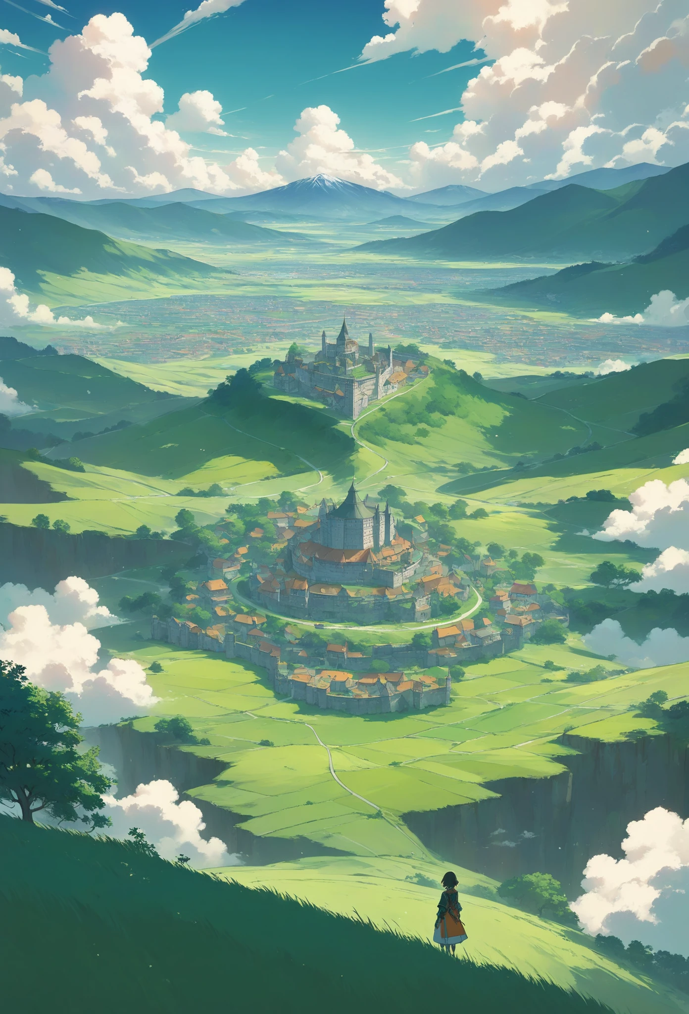 Masterpiece, hyper-detailed, anime oil painting by Makoto Shinkai (inspired by Studio Ghibli and fantasy illustrations), a small female knight (stands relaxed and calm on a lush green foreground hill, her back to the viewer, she wears strong adventurer attire with a black, orange, and white color scheme, adorned with metallic trim and fine stitched patterns, 1girl) gazes towards a large city (enclosed by fortified walls in the distance, situated in a wide valley, amidst the far-off megacity's lush green hills, and admires the majestic grandeur of the distant walled city bathed in atmospheric perspective, the city, an extremely dense tapestry of houses with varying roof shapes and colors, is located within a formidable fortress, all surrounded by sprawling green fields, this city has 1000 densely packed houses that appear small due to their compactness, with atmospheric perspective enhancing the depth, creating an illusion of vastness and an immersive view, lush green trees with various shades of foliage are scattered across the landscape, both outside the fortress and clinging to the slopes of the hills, in the distance, the city is framed by a series of higher green hills that recede into the background with subtle variations in color and clarity, 1bigcity), mountains in the background display geological precision (with layered rock formations and delicate light refractions on snowy peaks), gentle wind dynamics move the grass and clouds (adding motion to the lifelike textures), the sky transitions from bright azure to golden tones (decorated with cumulus clouds, capturing the magic), 10 layers of art elements (accompanied by anime art-reviving reflections, dynamic lighting, and vivid color gradients create a subtle glow, harmonizing the balanced composition of the foreground hill, middle-ground valley, and background mountains, a brilliant blue sky, alive with the subtle interplay of light and shadow within vivid white cumulus clouds, casts a soft natural light).