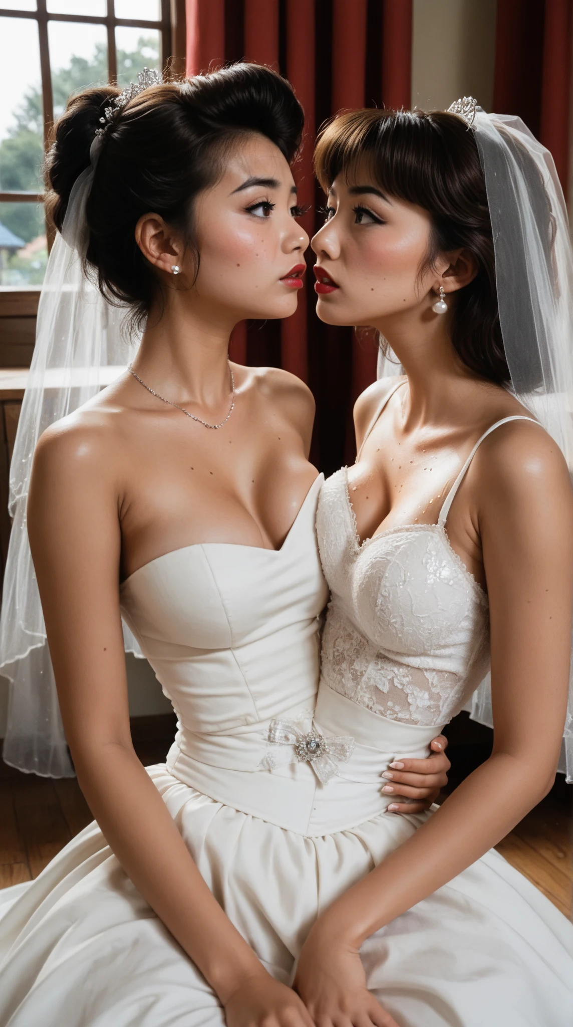 (Best quality, Ultra-detailed, Golden ratio, Masterpiece: 1.2), Romantic black-and-white cinematic photo, Two elegant women, engaging in a passionate kiss, Lovers, Human connection, Soft focus on their lips, Delicate skin texture, (Rosy blush: 0.8), (Goosebumps: 0.6), Classic Hollywood-inspired attire, Vintage dresses, Gloves, Elegant hairdos, Long lashes, Raised eyebrows, Expressive eyes, Emotional intensity, Cinematic lighting, Soft spotlight, Dramatic backdrop, Timeless romance, Emphasis on the moment