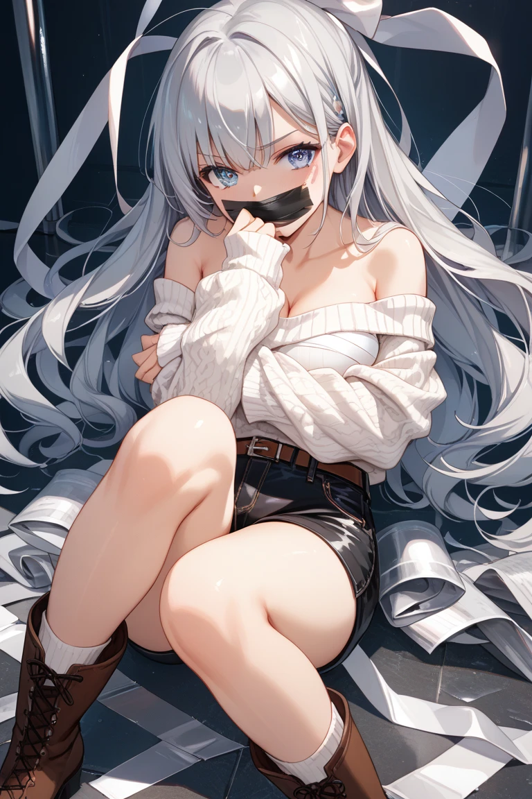 best quality, ultra precision, 1girl,  cute, little girl, young, boyish, childish, small breasts, silver hair, cat ears, blue eyes, beautiful eyes,  girl, ecstasy, sailor collar, estrus, metestrus, start to undress, naughty mood, she loves you, lost virgin, virgin, blush, beautiful skin, big bow on chest I'm not wearing panties BLUE SWEATER, BLACK SHIRT, SHIRT UNDER SWEATER, OFF SHOULDER TOP) Tsundere leaning against the wall