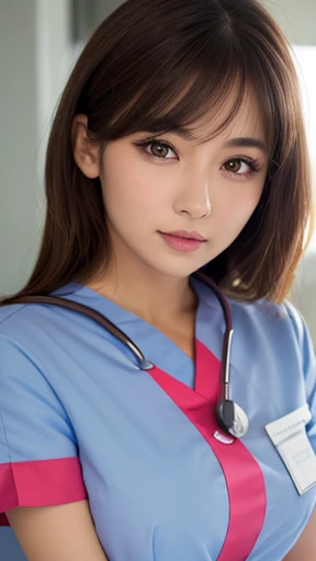 (1womanl), (Random hairstyle),Bun Hair、 Amazing face and eyes, Extremely cute face, Smile, energy, vitality, (real short nurse uniform:1.2), Light pink, white, (Nurse uniform with open chest:1.4), (Best Quality:1.4), extremely detailed CG unified 8k wallpaper, Highly detailed, High-definition raw color photos, professional photograpy, Realistic portrait, (Bedroom), stethoscope, White wallpaper, sexy portrait of girl, (View from below:1.2)、(Selfie)、Camera angle from above、
((Gal Makeup))、(cheek)、Panty shot、((Glossy white stockings))、Professional photographer photography、Looking up at the stethoscope、