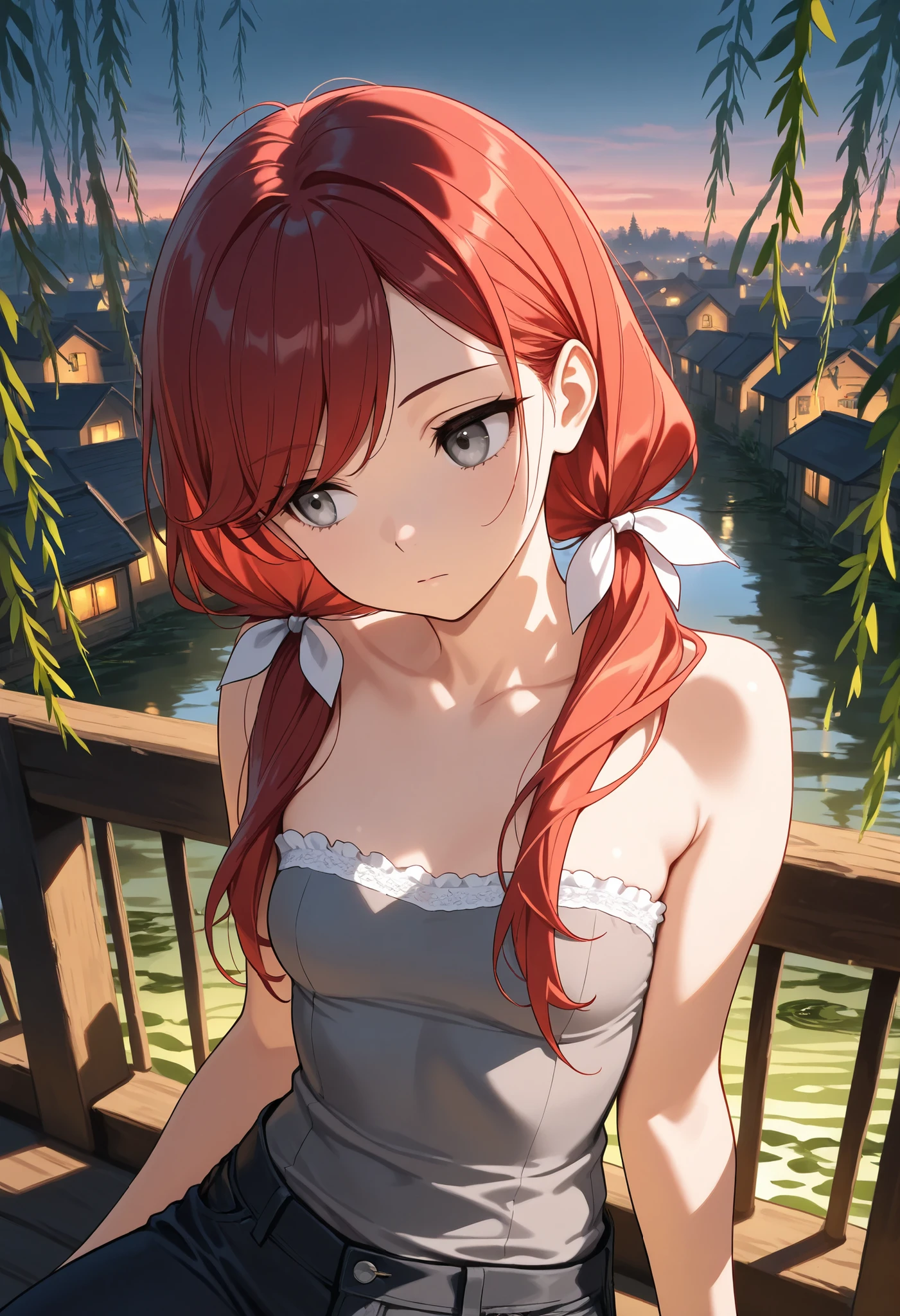 (masterpiece, best quality), solo, intricate details, JK, 1 expressionless girl, head tilt,sitting atop iron railing, vines, city in distance , close up, beautiful face, Gray eyes, red hair, long swept bangs, long hair in low twin tails, hair ribbons, strapless sleeveless shirt, gray shirt, shirt with white trim, white frill trim, black jeans, hand behind neck, looking away, small breasts, slightly toned arms, close up, portrait, dusk, willow tree branches, swamp, town, lights,
