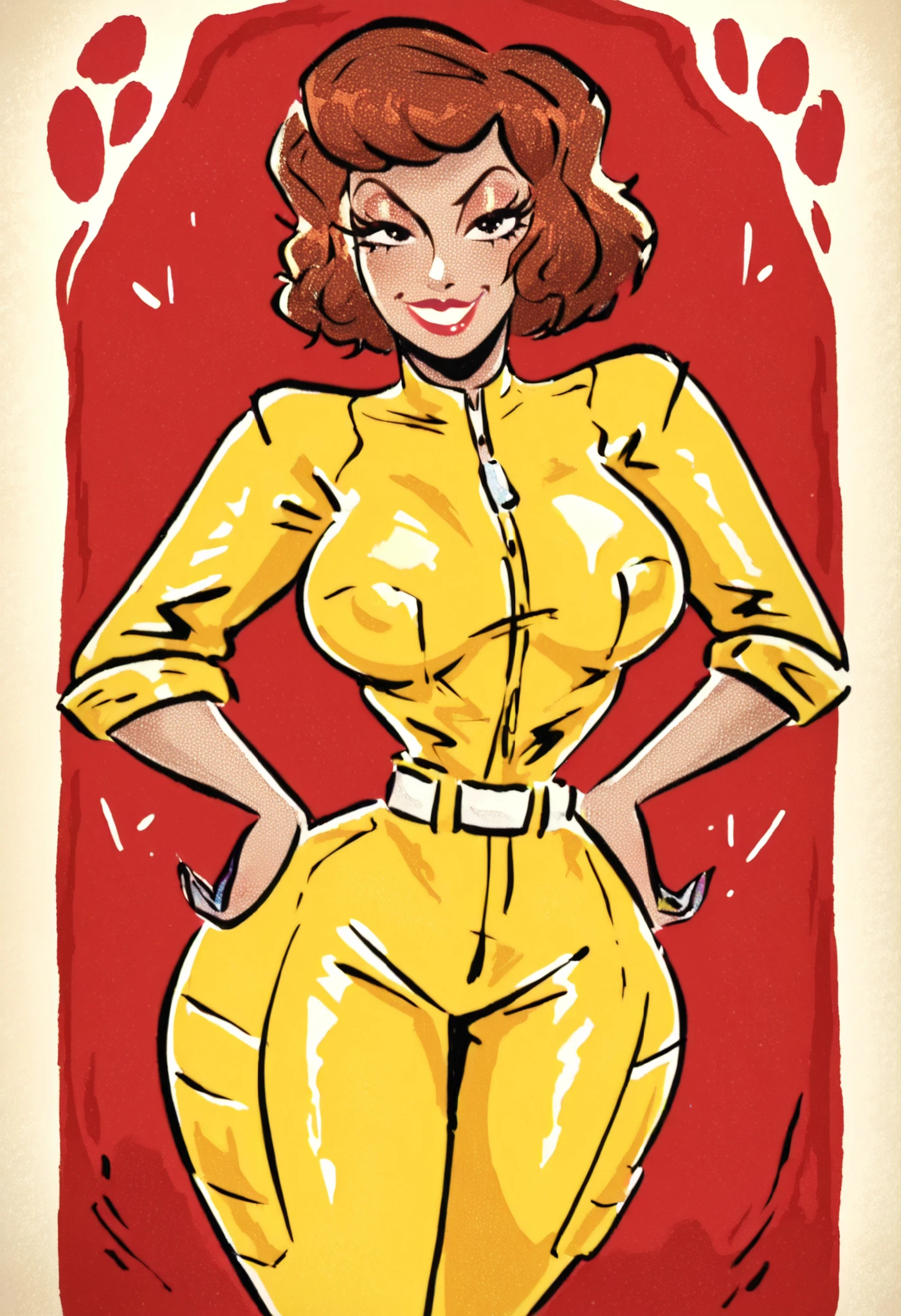 , April o'neil ,  yellow jumpsuit, white belt, 1 girl, One,  upper body, retro buildings_art, 
,detailed face, (cowboy shot), (source_cartoon, source_anime), detailed eyes, masterpiece,    
seductive,nsfw,lewd,sensual,  large breasts, hips, , thighs,  adult, 
woman,1girl, ,  smirk, flirty eyes,   score_9, score_8_up, score_7_up, score_6_up, toontdcxl, traditional media,  retro pin-up, 1girl, wide hips, 
 