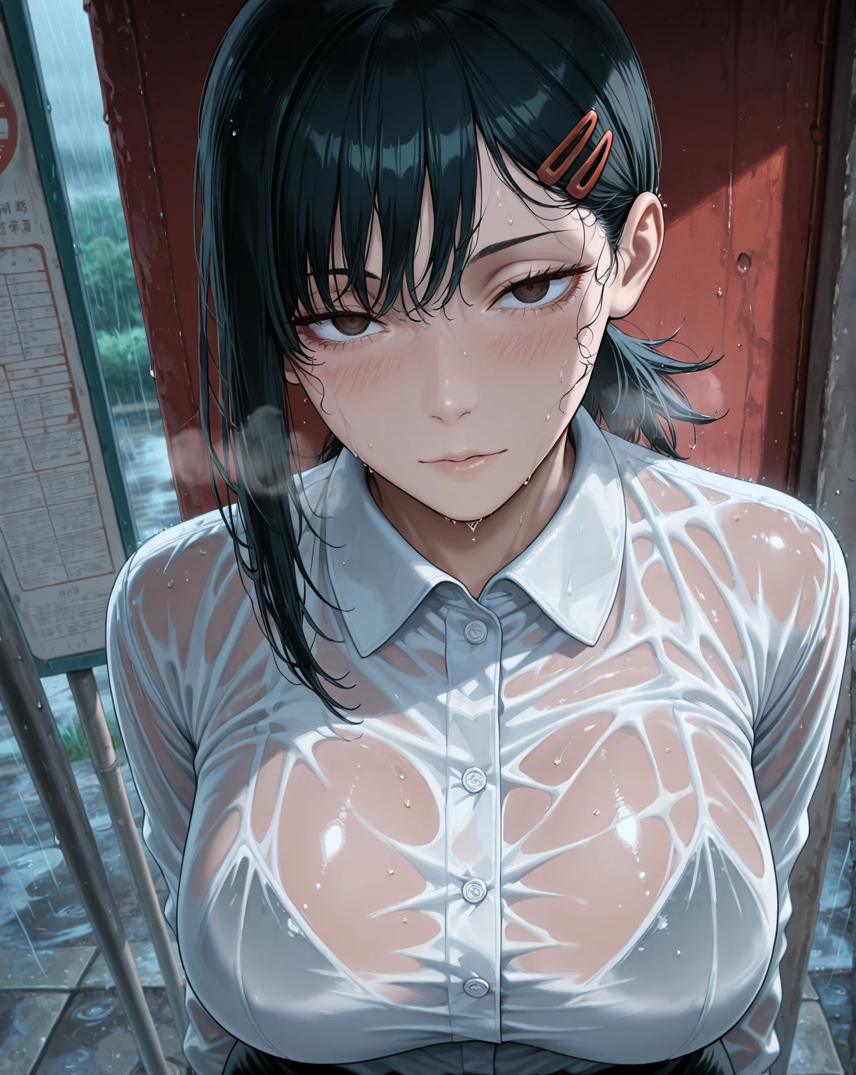 HD detailed, Wet Watermark, Married Woman,Hyper Detail, Long black hair,Big Breasts,rain,White blouse,Cold look,Under the roof,Looking up at the sky,profile,cowboy shot
