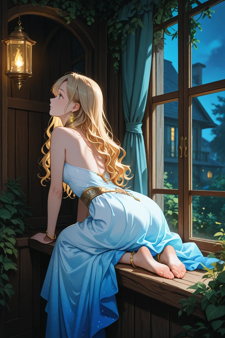 Zelda ((masterpiece)), (illustration), ((best quality)), rainbow color, high resolution illustration, Amazing, highres, intricate detail, extremely detailed CG unity 8k wallpaper ((zelda)), small breast, naked, Long blonde hair, infatuation, (green eyes), NSFW, moonlight, night, bed