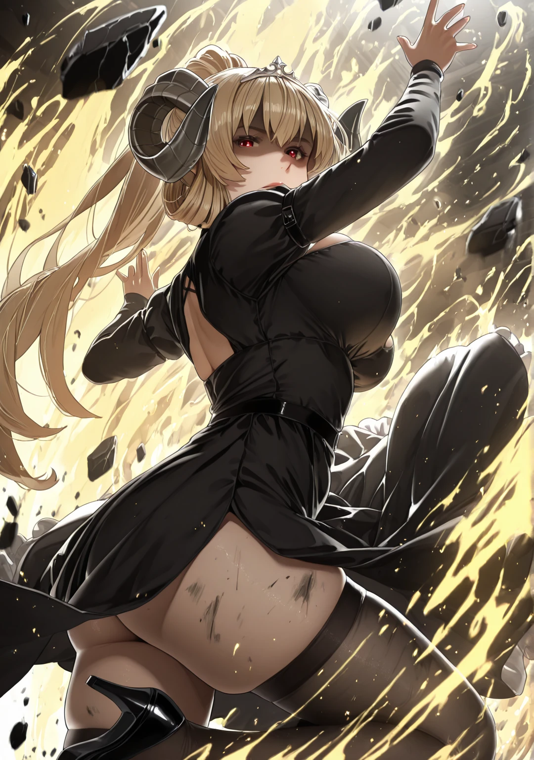 Sakuranotomoru, ((Cinematic, UHD, dynamic lights, high contrast)), comic, score_9, score_8_up, score_7_up, score_6_up, score_5_up, score_4_up, uncensored, detailed background, vignetting, masterpiece, Cinematic, high quality, absurdres, best quality, very aesthetic, newest, digital art, trending on ArtStation, ((anatomical correct)), perfect body, perfect eyes, perfect fingers, gasping, heavy breathing, gasping profusely, cinematic, ((skindentation)), ((curvy)), lucifer, 1girl, mature female, demon girl, pointy ears, demon horns, curled horns, sheep horns, long hair, blonde hair, ponytail, red eyes, big breasts, tiara, plump, 1girl, ass, breasts, solo, dress, thighhighs, high_heels, looking_at_viewer, black_dress, long_sleeves, thighs, black_footwear, telekinesis, debris, looking_back, no_panties, parted_lips, black_thighhighs, looking down, facing up, shaded face, dirty, ((aura))