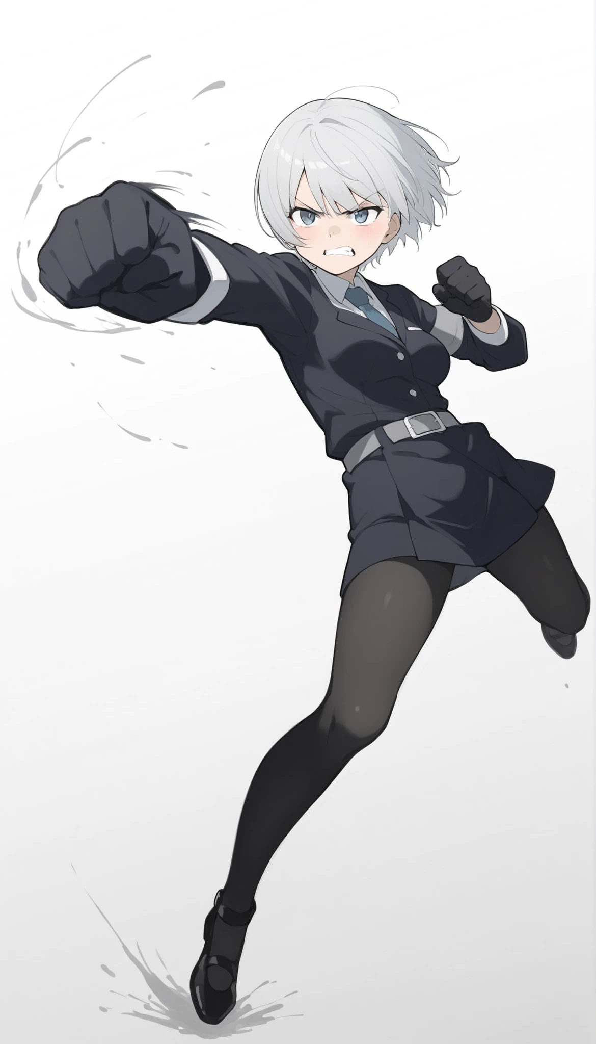 score_9, score_8_up, score_7_up, ((masterpiece)), (best quality), 1girl, solo, 简单背景, 魅惑, delicate face, 战斗姿势, 冲拳, full body, silver short hair, long sideburn, angry face, 鄙夷的眼光, 黑色絲襪, 损坏的黑色警服, medium breasts, style: midjourney, white background, 两点透视, 冲击力的画面,动态模糊,景深, closeup, blur