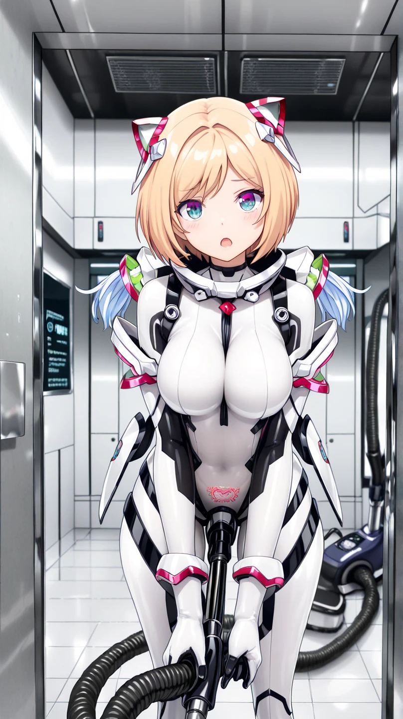 a completely addicted woman, she is inside some biological machine, she has tubes attached to her nipples, she has a tube connected to her vagina and there is a tube connected to her anus, big tubes, she is a kind of experiment, her face is sad, she has a tube in her mouth with a mask
