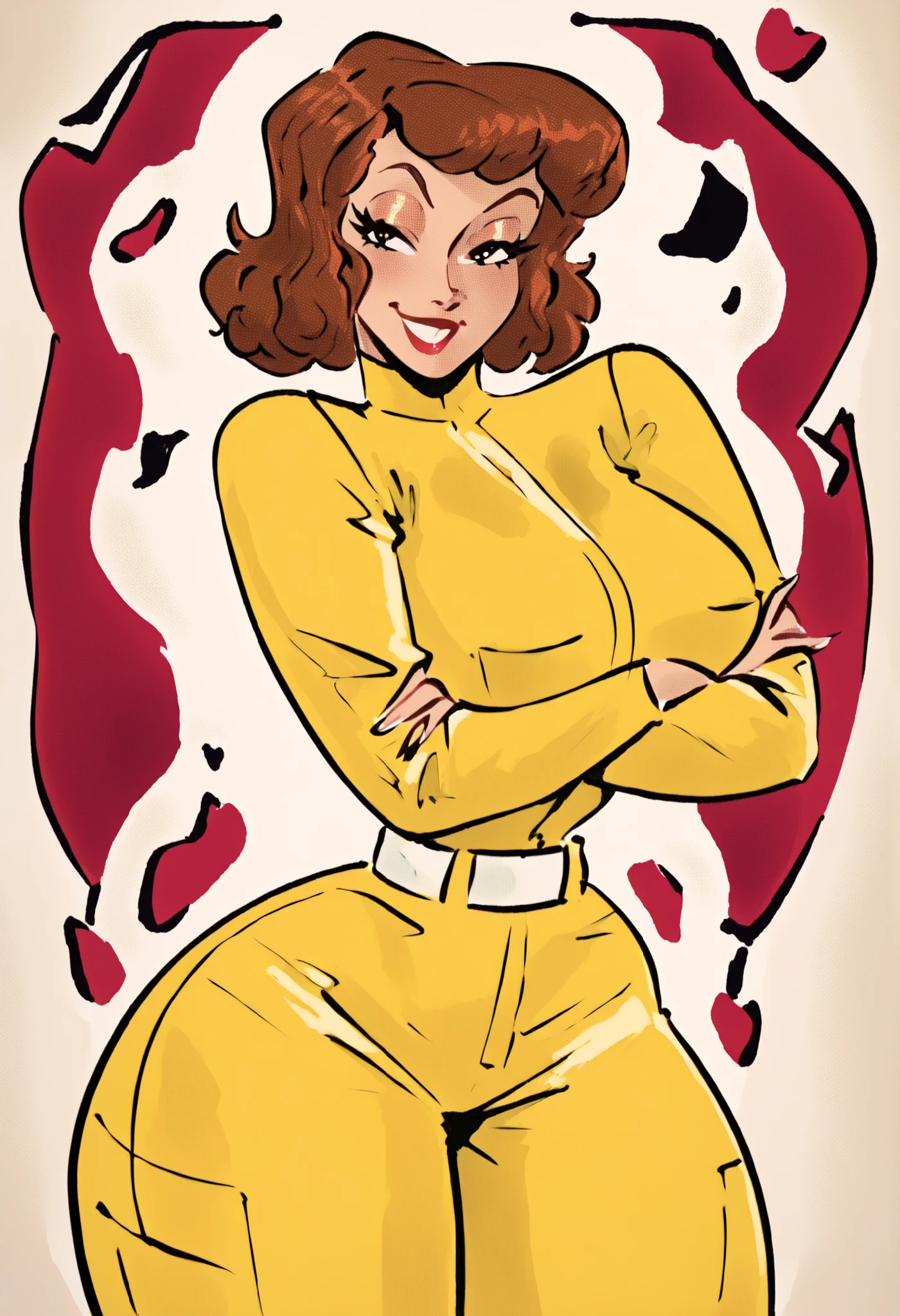 , April o'neil , yellow jumpsuit, white belt, 1 girl, One, upper body, retro buildings_art,
,detailed face, (cowboy shot), (source_cartoon, source_anime), detailed eyes, masterpiece,
seductive,nsfw,lewd,sensual, large breasts, hips, , thighs, adult,
woman,1girl, , smirk, flirty eyes, score_9, score_8_up, score_7_up, score_6_up, toontdcxl, traditional media, retro pin-up, 1girl, wide hips,