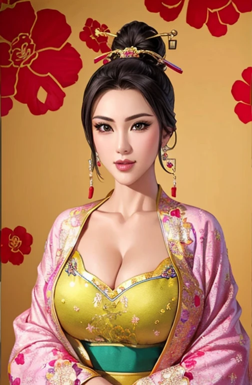 beautiful girl、Top knot,Chinese headdress:1.4,Chinese hairpins:1.4,High level of image quality、Like a shot with an SLR、Big breast beauty((Large Breasts、Breast sagging、Low-cut,cleveage ,Wide hips,)))((Long legs)),Hourglass figure))、body of、Chinese clothes、Slit、Draw an artwork of a woman wearing a traditional cheongsam