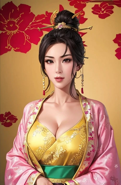 beautiful girl、Top knot,Chinese headdress:1.4,Chinese hairpins:1.4,High level of image quality、Like a shot with an SLR、Big breast beauty((Large Breasts、Breast sagging、Low-cut,cleveage ,Wide hips,)))((Long legs)),Hourglass figure))、body of、Chinese clothes、Slit、Draw an artwork of a woman wearing a traditional cheongsam
