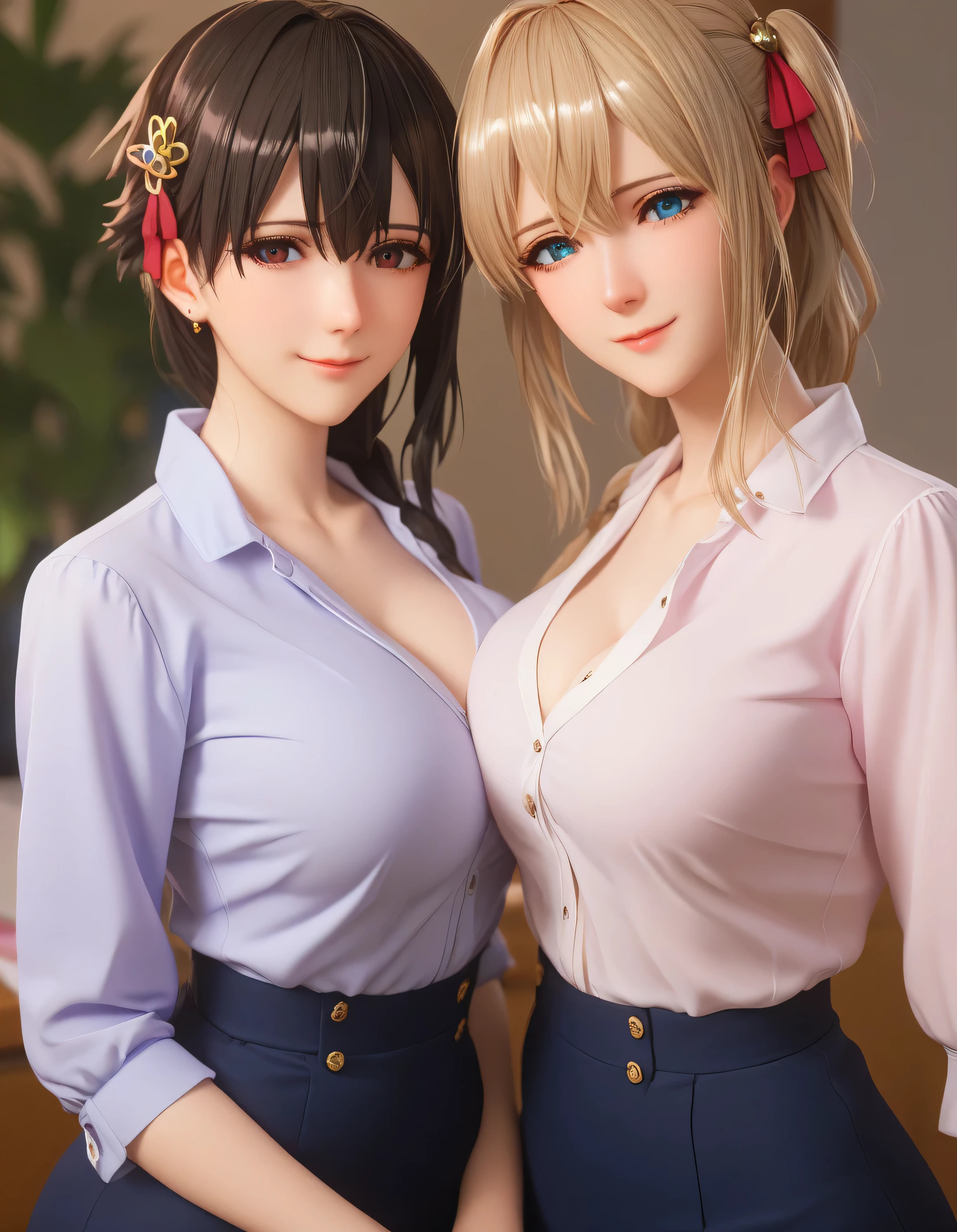 yuki yokoya and violet evergarden, two anime girls with big breasts, touching pose, sitting body shot, camera angle profesional, wearing office shirt, oppai, oppai proportions, two beautiful anime girls (yuki yokoya and violet evergarden), big breasts!, big breasts!!, anime girls, with a large breasts, twintails, beauty eyes, faint smile on her face, hd, high quality image, head accessories, posing at tokyo street with sunny weather