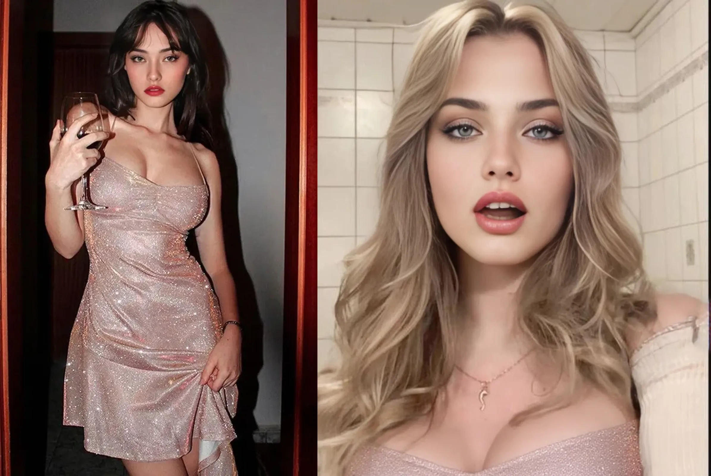 Woman with two heads one head is t. swift the other head is ana de armas, wearing a very short tight summer dress and nothing else.