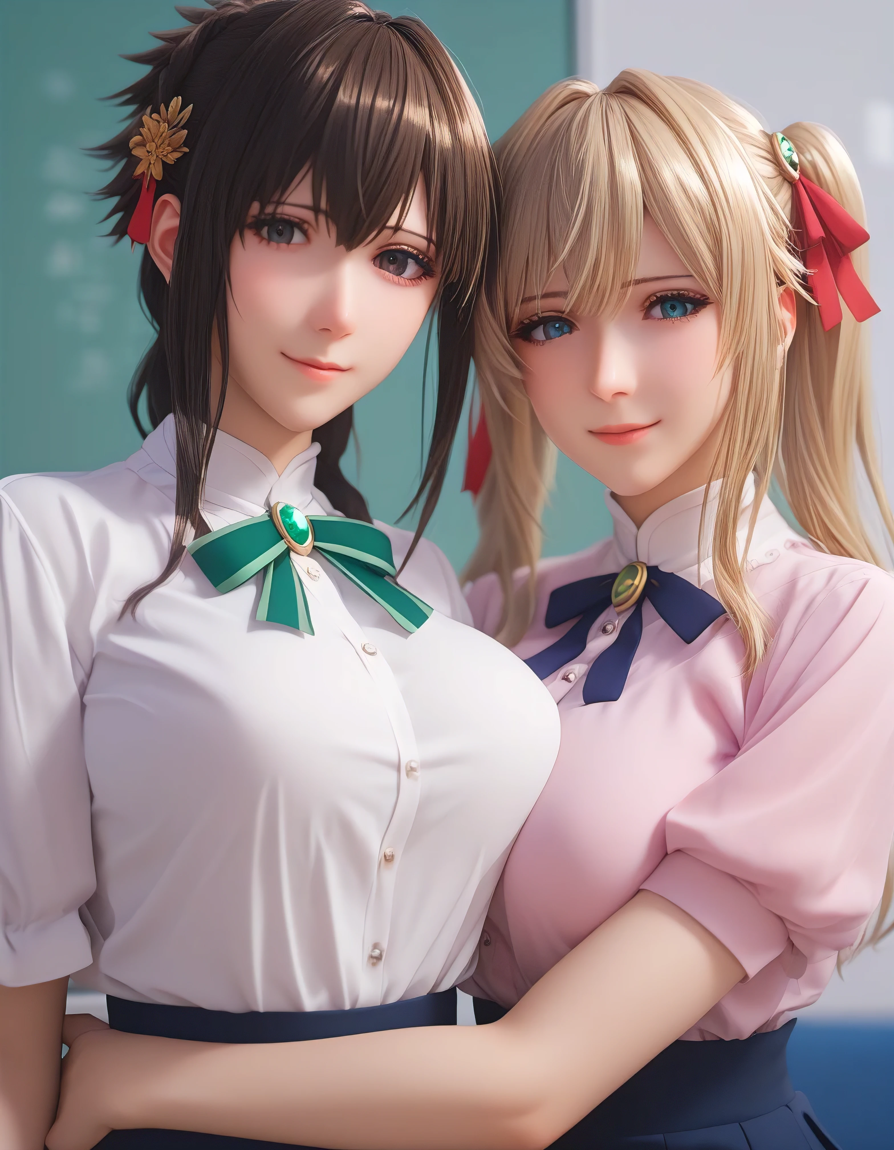 yuki yokoya and violet evergarden, two anime girls with big breasts, touching pose, sitting body shot, camera angle profesional, wearing office shirt, oppai, oppai proportions, two beautiful anime girls (yuki yokoya and violet evergarden), big breasts!, big breasts!!, anime girls, with a large breasts, twintails, beauty eyes, faint smile on her face, hd, high quality image, head accessories, posing at tokyo street with sunny weather